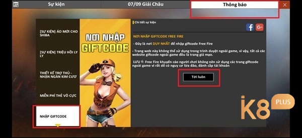 “Tới luôn” để nhập code Free Fire