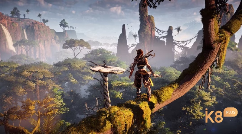 Toàn cảnh thế giới Horizon Zero Dawn với thiên nhiên hoang dã và các cỗ máy kỳ dị xuất hiện khắp nơi.